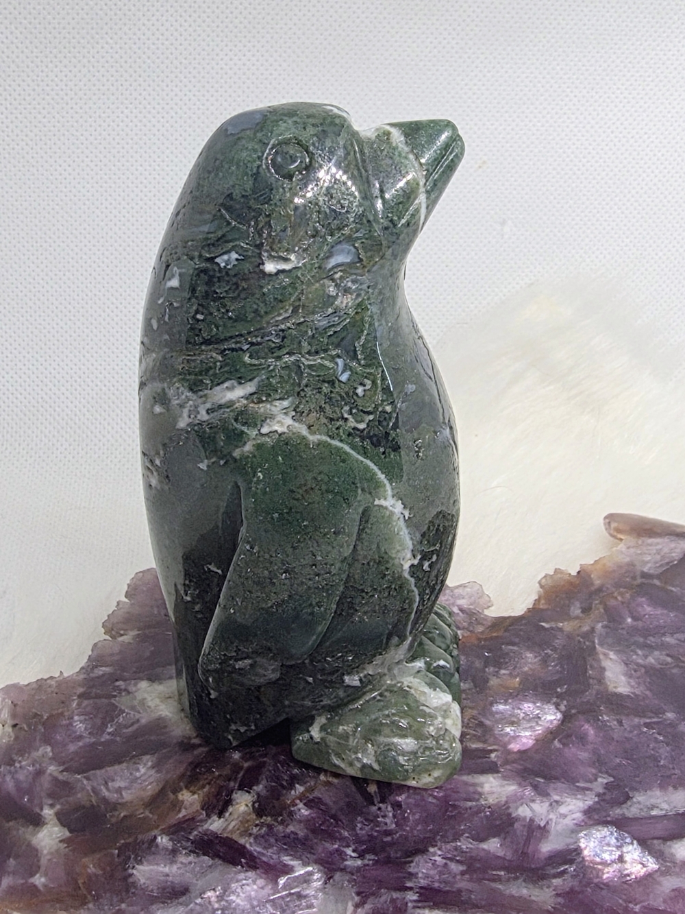 Druzy Moss Agate Penguin Carving | Crystal Penguin | Green Agate Decor